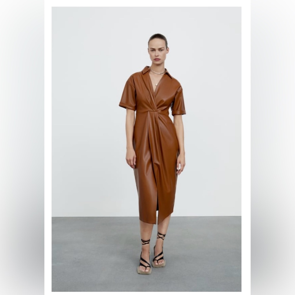 New Brown Leather Midi Dress